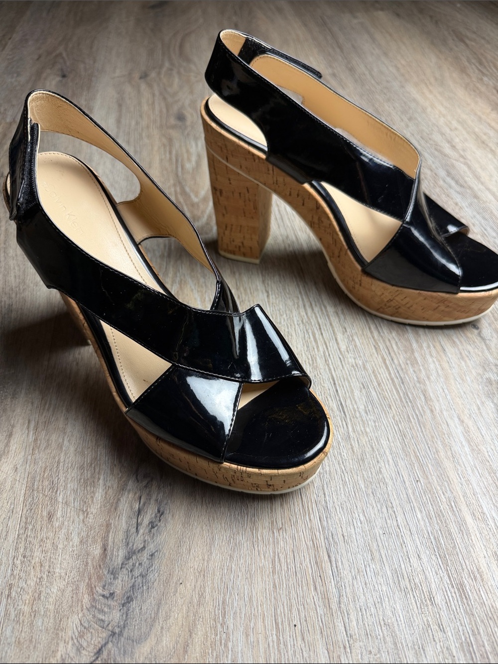Calvin Klein Black Patent Cork Platform Block Heel Sandals Size 10B